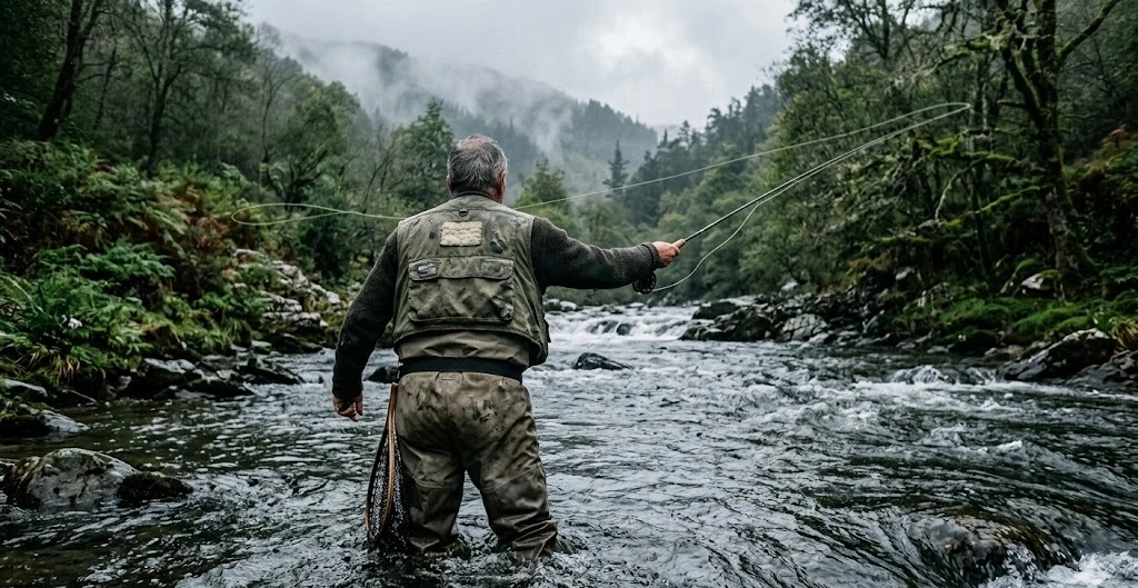 Pescador veterano vadeando de espaldas el r&iacute;o Narcea con vadeadores, lanzando a mosca en aguas r&aacute;pidas, bosque atl&aacute;ntico, d&iacute;a nublado, Asturias