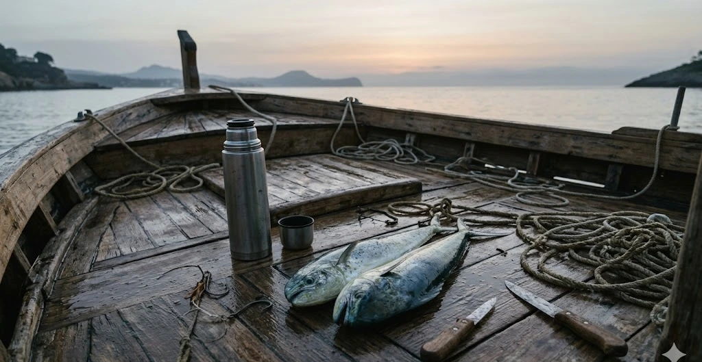 Cubierta de un lla&uuml;t mallorqu&iacute;n al amanecer con llampugas reci&eacute;n pescadas sobre la madera mojada