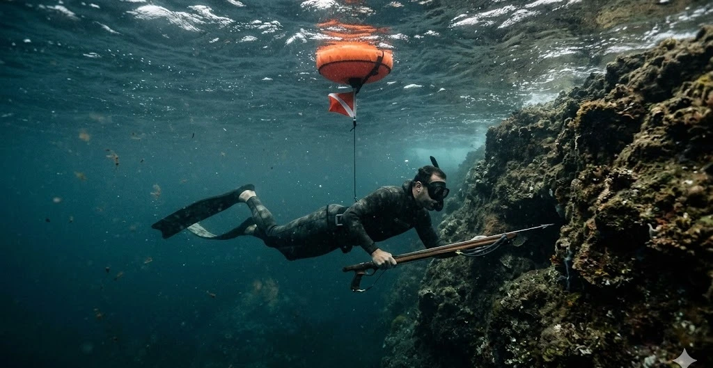 Pescador submarino a pulm&oacute;n libre bajo el agua con boya de se&ntilde;alizaci&oacute;n naranja visible en superficie, Baleares