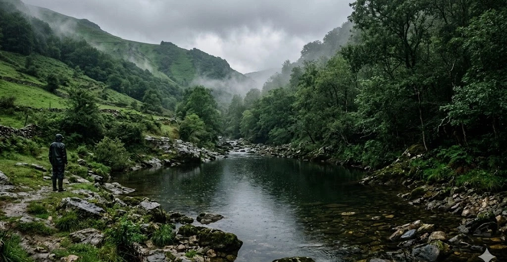 Pozo salmonero del r&iacute;o As&oacute;n bajo llovizna, temporada de pesca de Cantabria 2026