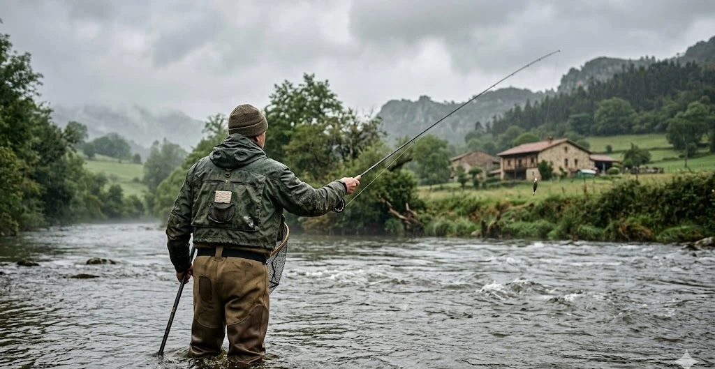 Pescador veterano vadeando de espaldas el r&iacute;o Pas bajo cielo cubierto, lanzando a cucharilla, prados y caser&iacute;os c&aacute;ntabros al fondo, d&iacute;a gris de llovizna