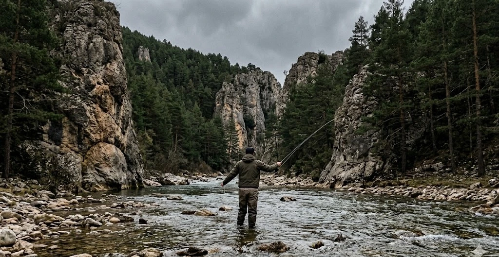 Tramo del r&iacute;o Alto Tajo encajado entre paredes calizas y pinares, pescador de espaldas vadeando con caña de mosca, cielo cubierto, Guadalajara