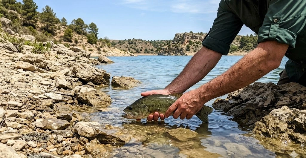 Manos sosteniendo un black bass bajo y cerca del agua sobre la orilla rocosa de un embalse manchego, gesto de devolverlo, Castilla-La Mancha