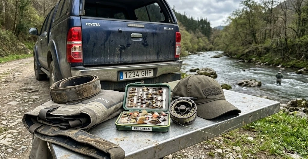 Equipo de pesca a mosca sobre el port&oacute;n de un coche junto al r&iacute;o en Castilla y Le&oacute;n