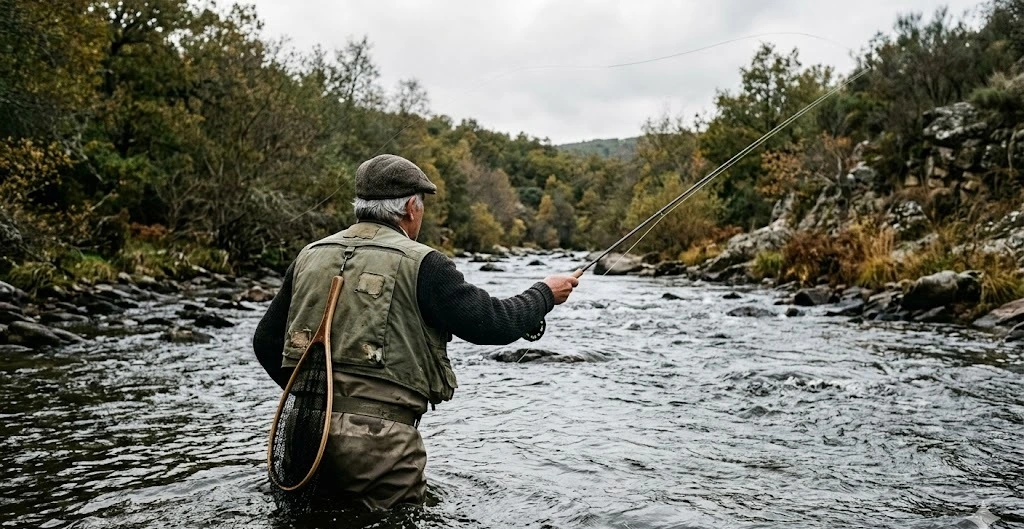 Pescador veterano vadeando de espaldas un tramo truchero del Tormes en Castilla y Le&oacute;n