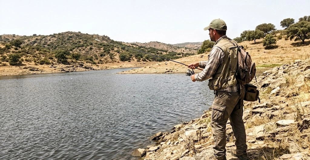 Pescador haciendo spinning de orilla en el embalse de La Serena al mediod&iacute;a, paisaje &aacute;rido de dehesa al fondo, Extremadura