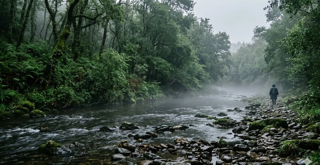 R&iacute;o Ulla entre fragas con niebla, temporada de pesca de Galicia 2026