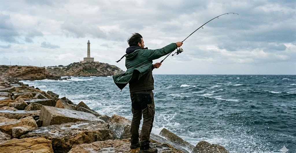 Esp&iacute;g&oacute;n en Cabo de Palos con viento, Murcia, mar Mediterr&aacute;neo picado y faro al fondo