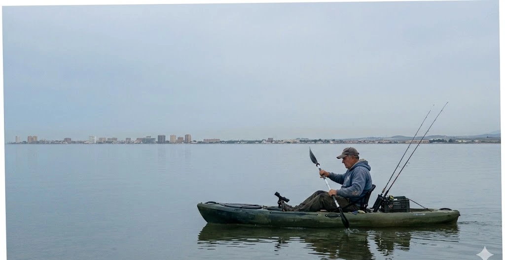 Kayakista pescando en el Mar Menor desde aguas planas y transparentes al amanecer, Murcia