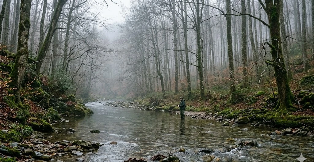 R&iacute;o Irati en la selva de Irati con niebla, temporada de pesca de Navarra 2026
