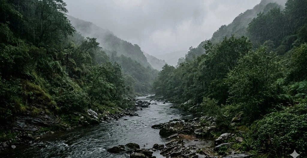 R&iacute;o Bidasoa verde bajo llovizna, temporada de pesca del Pa&iacute;s Vasco 2026