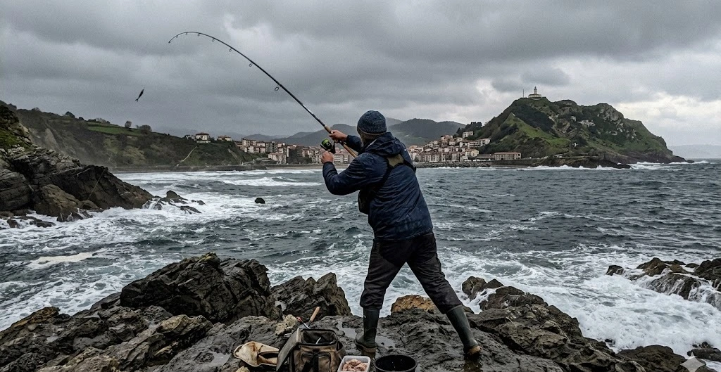 Pescador de espaldas lanzando desde rocas en Getaria (Gipuzkoa), mar Cant&aacute;brico y faro al fondo