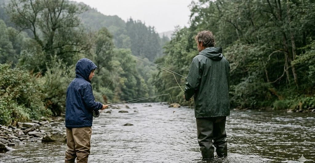 Padre e hijo pescando trucha bajo lluvia en un r&iacute;o guipuzcoano, de espaldas, con chubasqueros