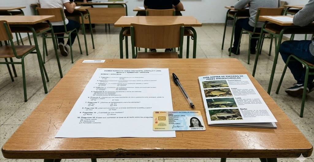 Mesa con test de examen de pesca en La Rioja, bol&iacute;grafo y folleto de especies, vista cenital