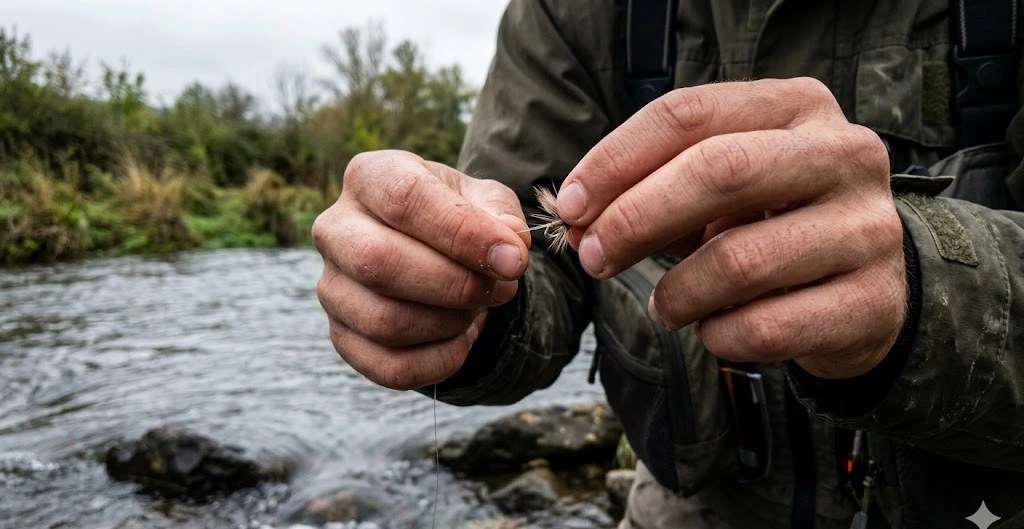 Manos de un pescador joven atando una mosca al bajo de l&iacute;nea junto al r&iacute;o Iregua en La Rioja