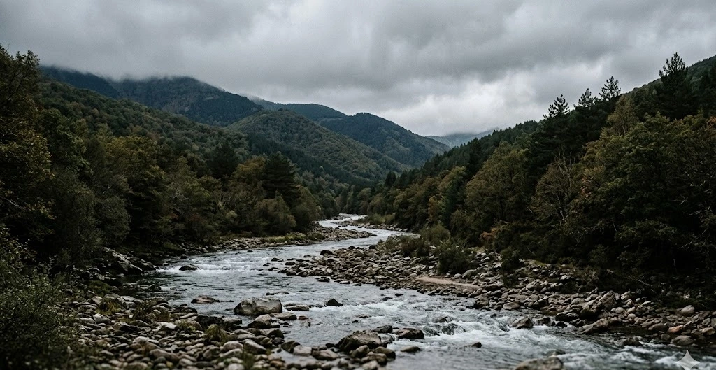 R&iacute;o Najerilla entre montañas con cielo cubierto, temporada de pesca de La Rioja 2026