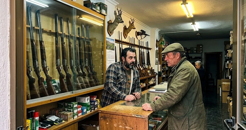 Armería española con escopetas y rifles en mostrador, cazador siendo atendido