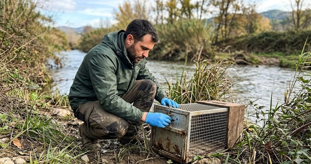 Visón americano en orilla de río, especie invasora objeto de programas de control cinegético en distintas comunidades autónomas