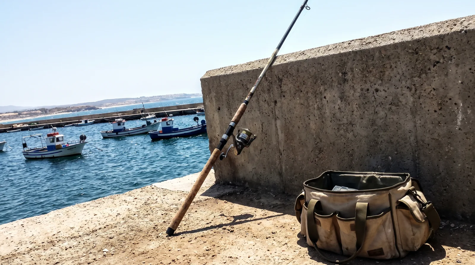 Ca&ntilde;a de surfcasting apoyada en el muro de un puerto pesquero del litoral espa&ntilde;ol