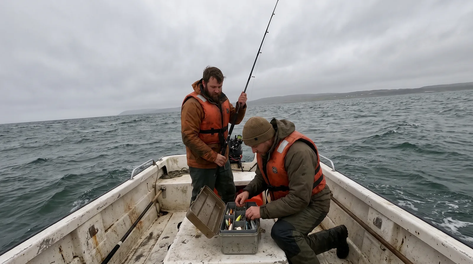 Dos pescadores recreativos preparando aparejos en una embarcaci&oacute;n peque&ntilde;a en el litoral atl&aacute;ntico