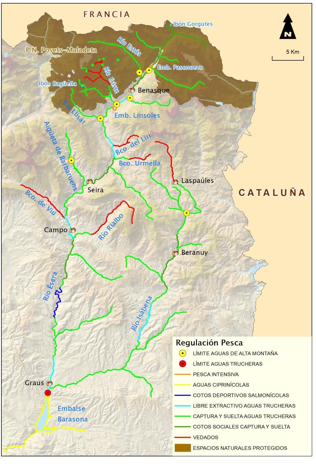Mapa de regulación de pesca de la Cuencas de los Ríos Ésera e Isábena 2026: vedados, cotos y tramos libres