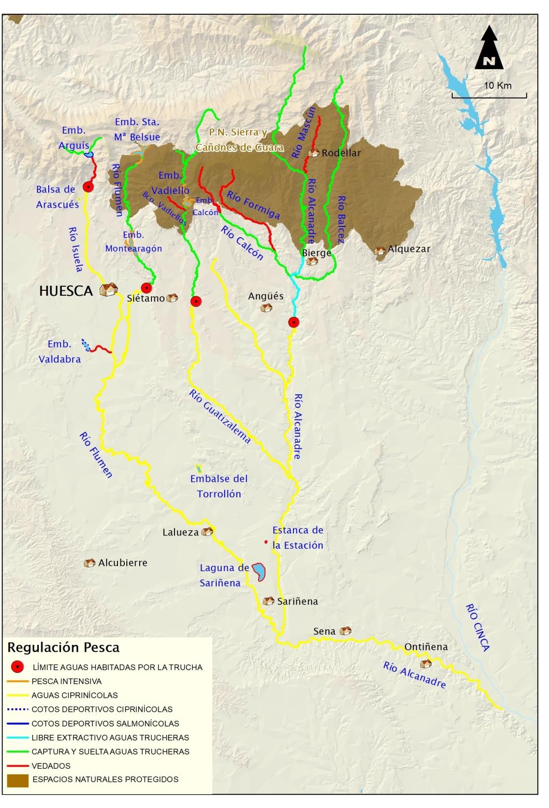 Mapa de regulación de pesca de la Cuenca del Río Alcanadre 2026: vedados, cotos y tramos libres