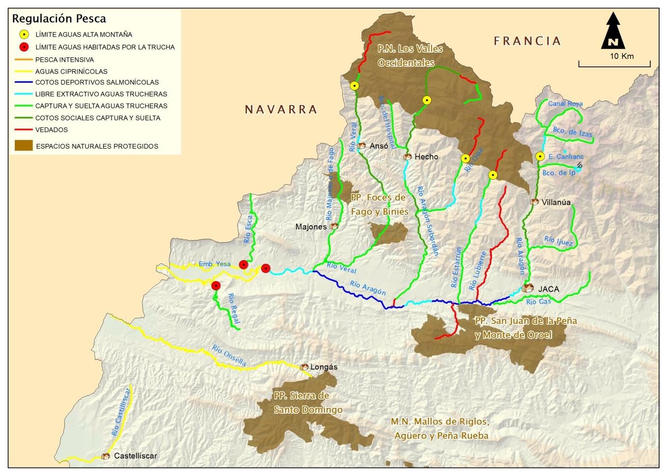 Mapa de regulación de pesca de la Cuenca del Río Aragón 2026: vedados, cotos y tramos libres