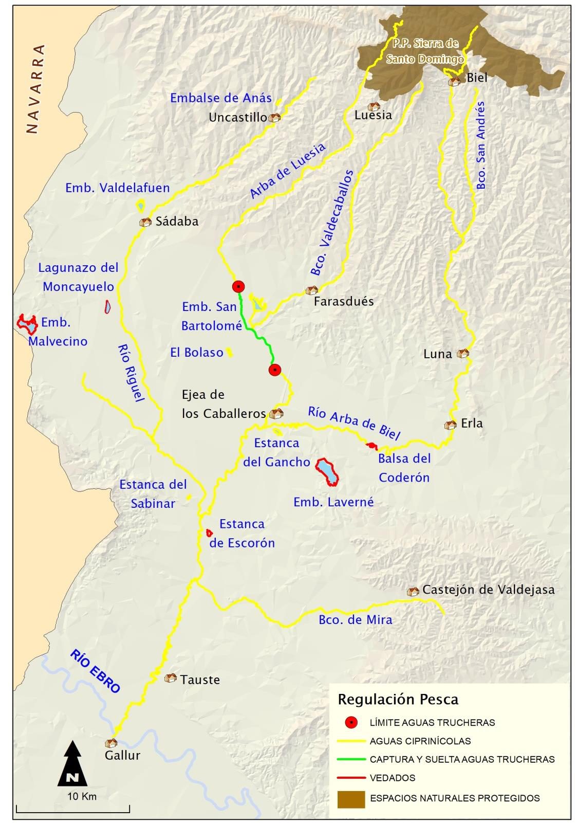 Mapa de regulación de pesca de la Cuenca del Río Arba 2026: vedados, cotos y tramos libres