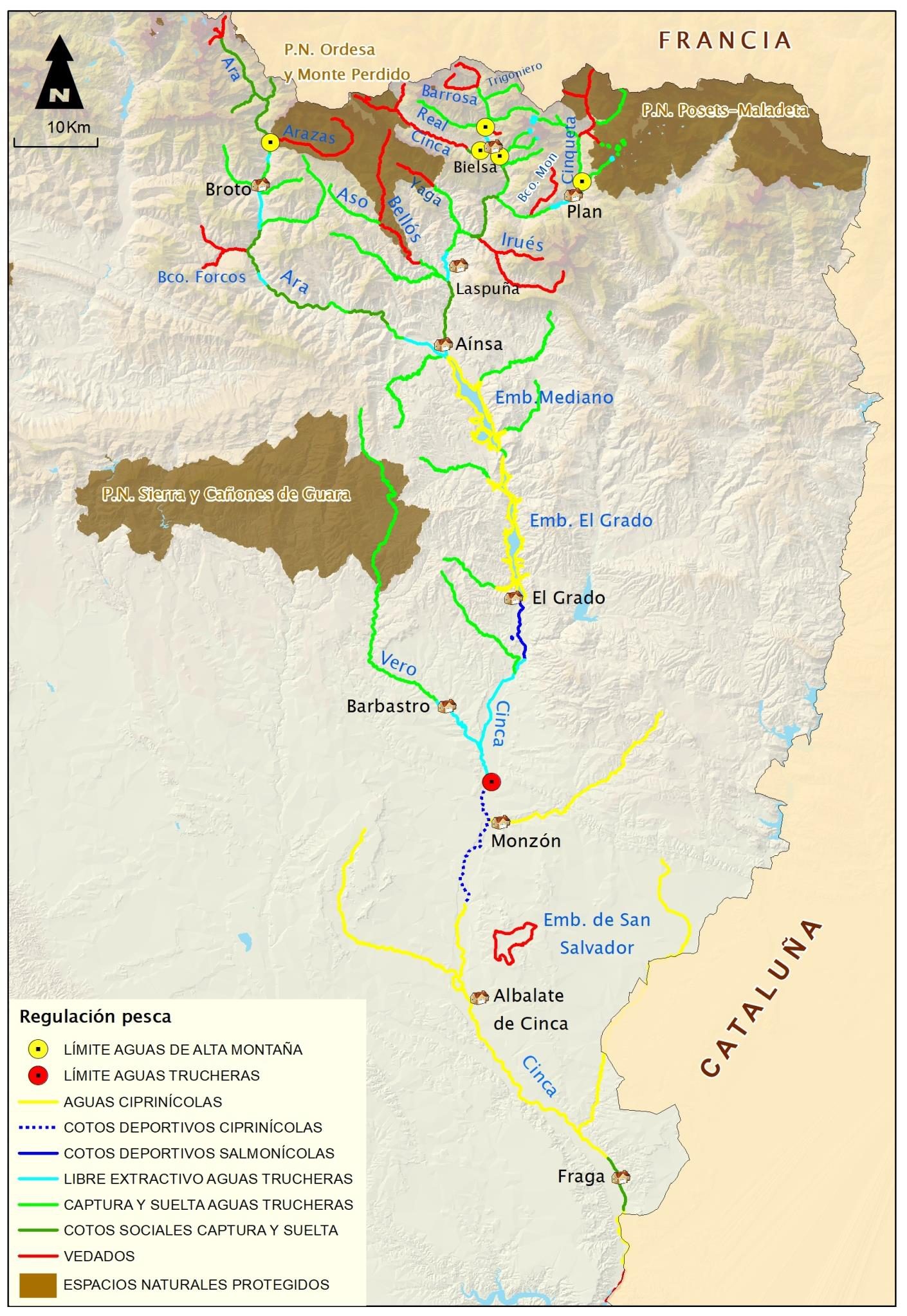 Mapa de regulación de pesca de la Cuenca del Río Cinca 2026: vedados, cotos y tramos libres