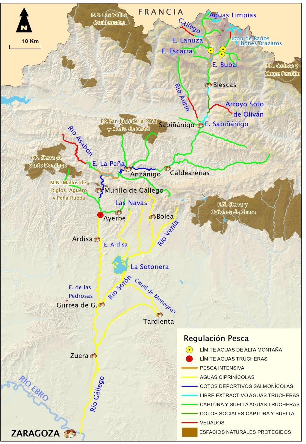 Mapa de regulación de pesca de la Cuenca del Río Gállego 2026: vedados, cotos y tramos libres