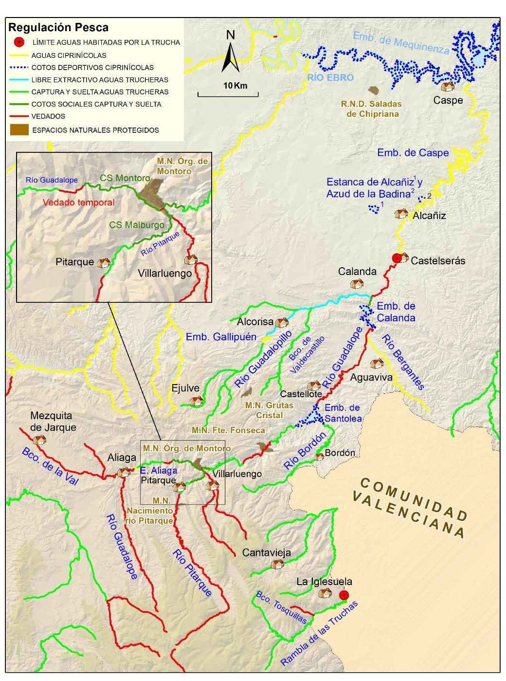 Mapa de regulación de pesca de la Cuenca del Río Guadalope 2026: vedados, cotos y tramos libres