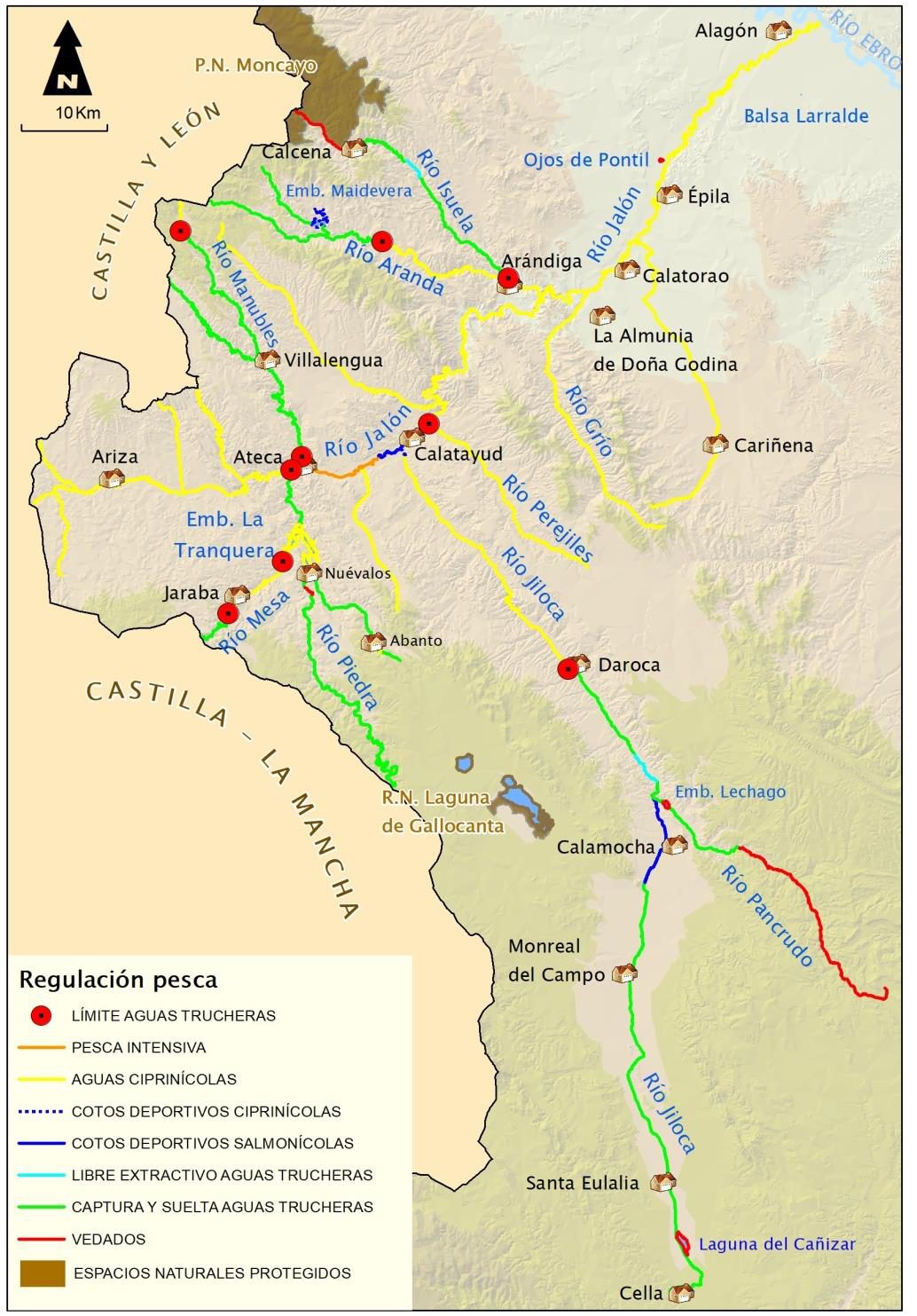 Mapa de regulación de pesca de la Cuenca del Río Jalón 2026: vedados, cotos y tramos libres