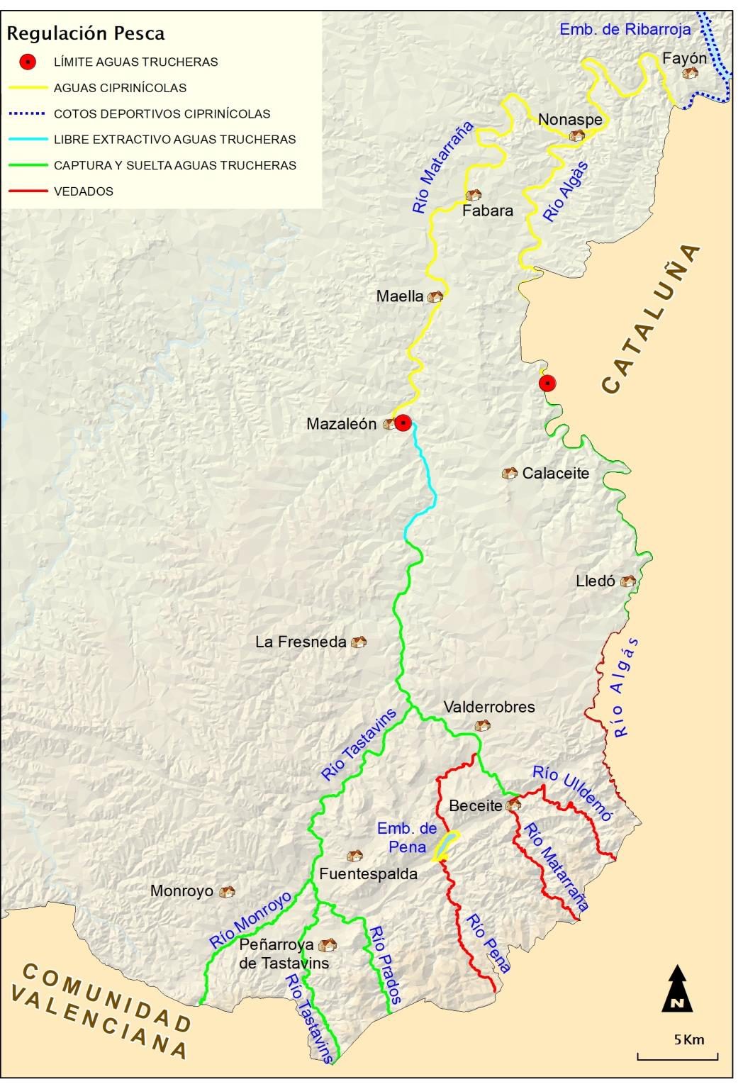 Mapa de regulación de pesca de la Cuenca del Río Matarraña 2026: vedados, cotos y tramos libres