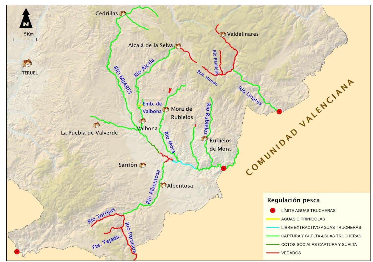 Mapa de regulación de pesca de la Cuenca del Río Mijares 2026: vedados, cotos y tramos libres