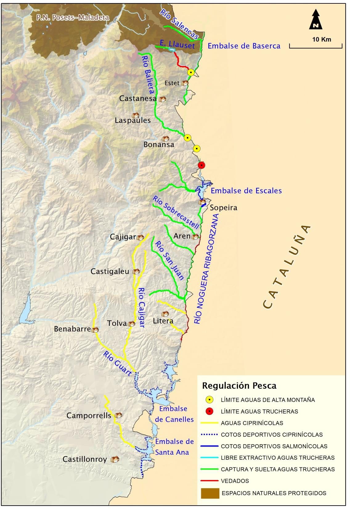 Mapa de regulación de pesca de la Cuenca del Río Noguera Ribagorzana 2026: vedados, cotos y tramos libres