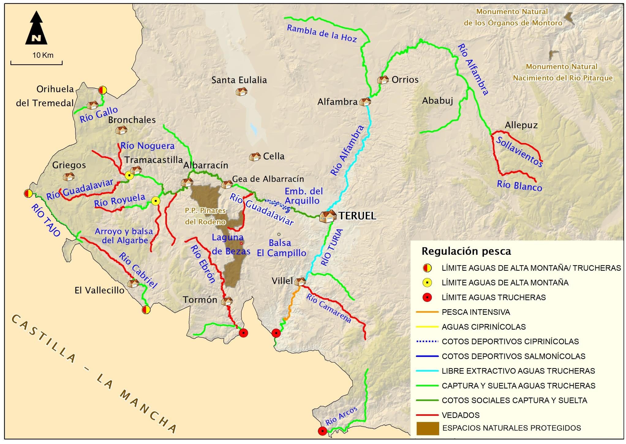 Mapa de regulación de pesca de la Cuenca del Río Guadalaviar – Turia, Río Cabriel (Cuenca del Río Júcar) y Cuenca del Río Tajo 2026: vedados, cotos y tramos libres
