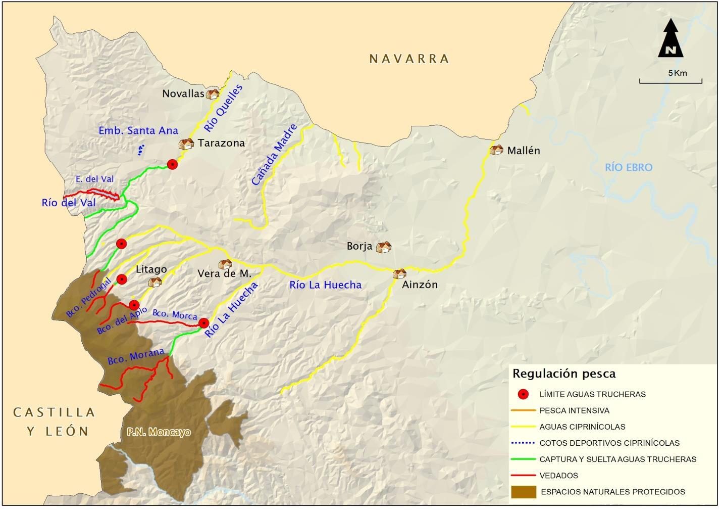 Mapa de regulación de pesca de la Cuencas de los Ríos Huecha y Queiles 2026: vedados, cotos y tramos libres