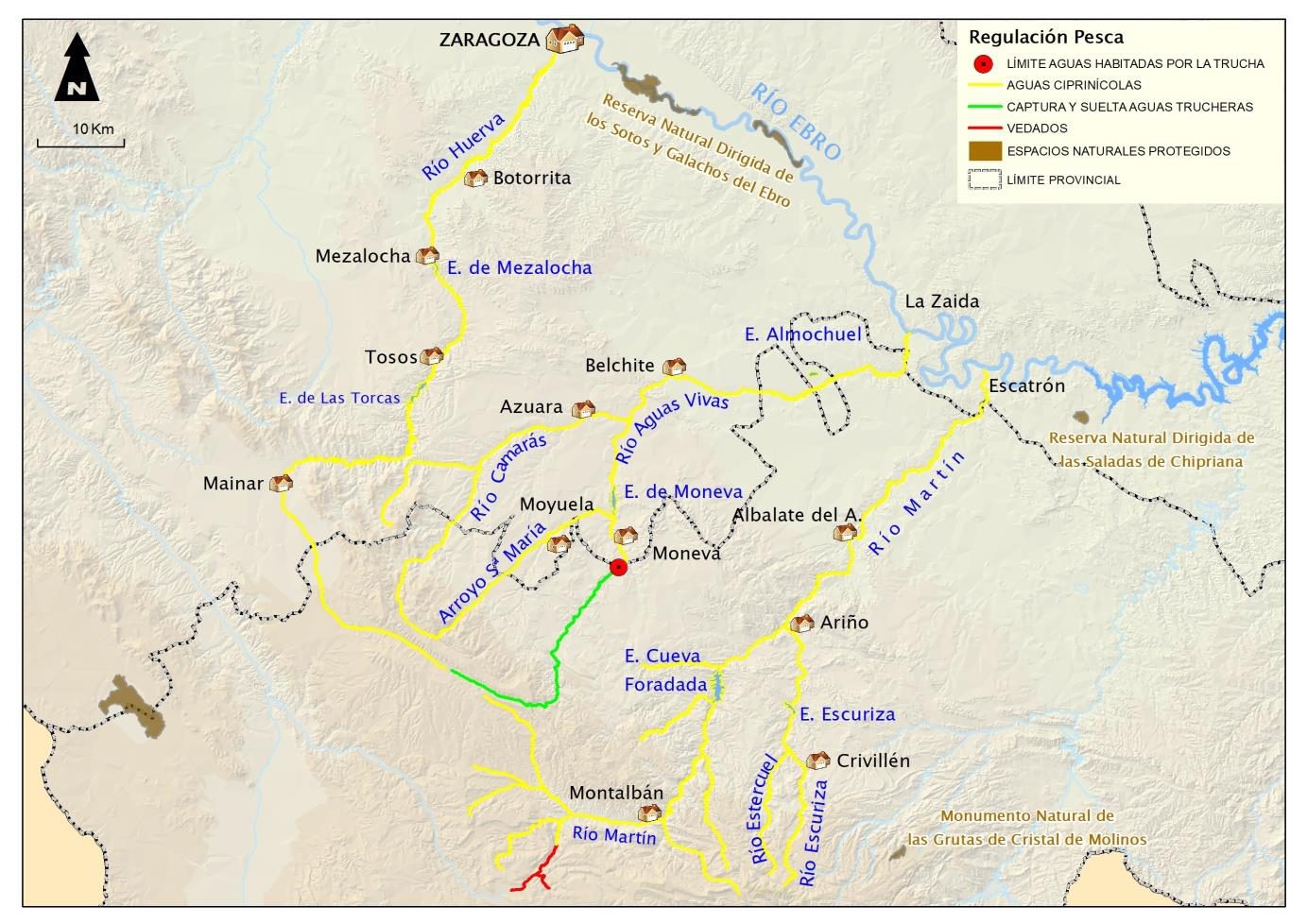 Mapa de regulación de pesca de la Cuencas de la Margen Derecha del Ebro (Huerva, Aguasvivas y Martín) 2026: vedados, cotos y tramos libres
